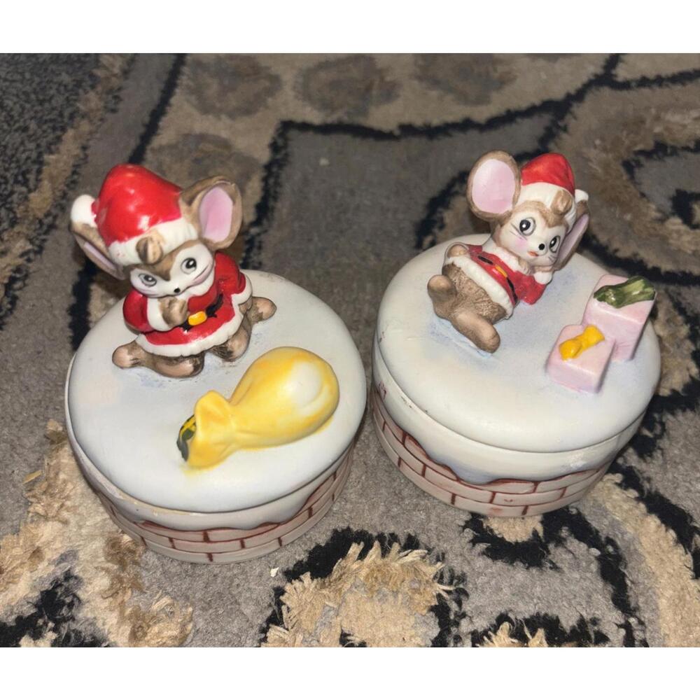 Lot of 2 Christmas Mice Mouse Porcelain Figurine "Boxes" By Homco Vintage